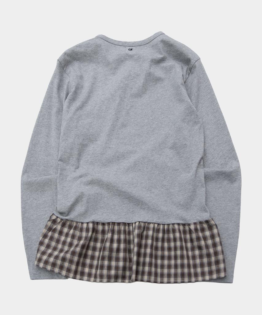 SOME PLACE Side Shirred Check Contrast Frill Button Layered Long Sleeve T-Shirt [Melange]