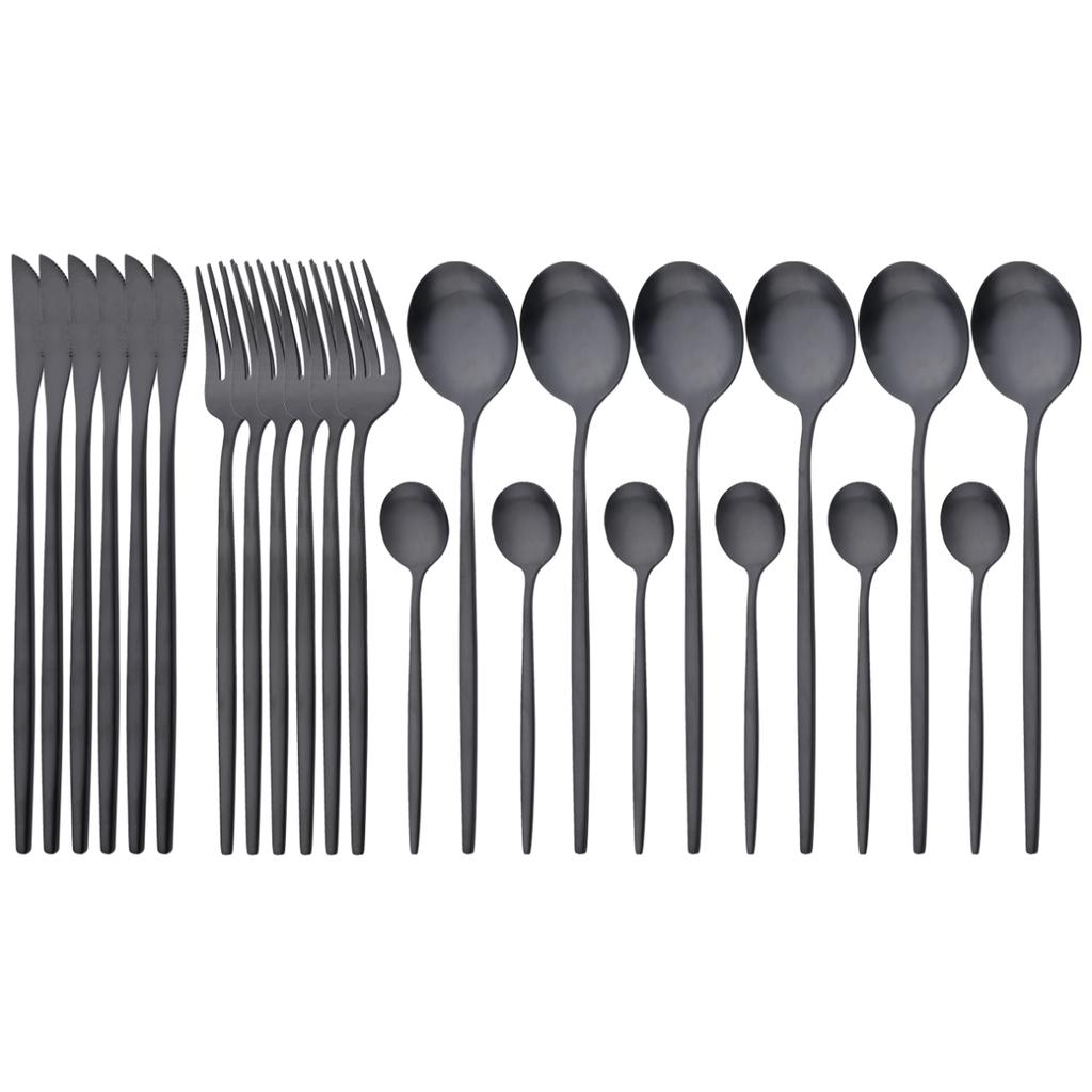 24pcs Black Cutlery Set Dinner Knives Fork Tea Spoon Dinnerware Matte Stainless Steel Tableware Flatware Kitchen Silverware Set