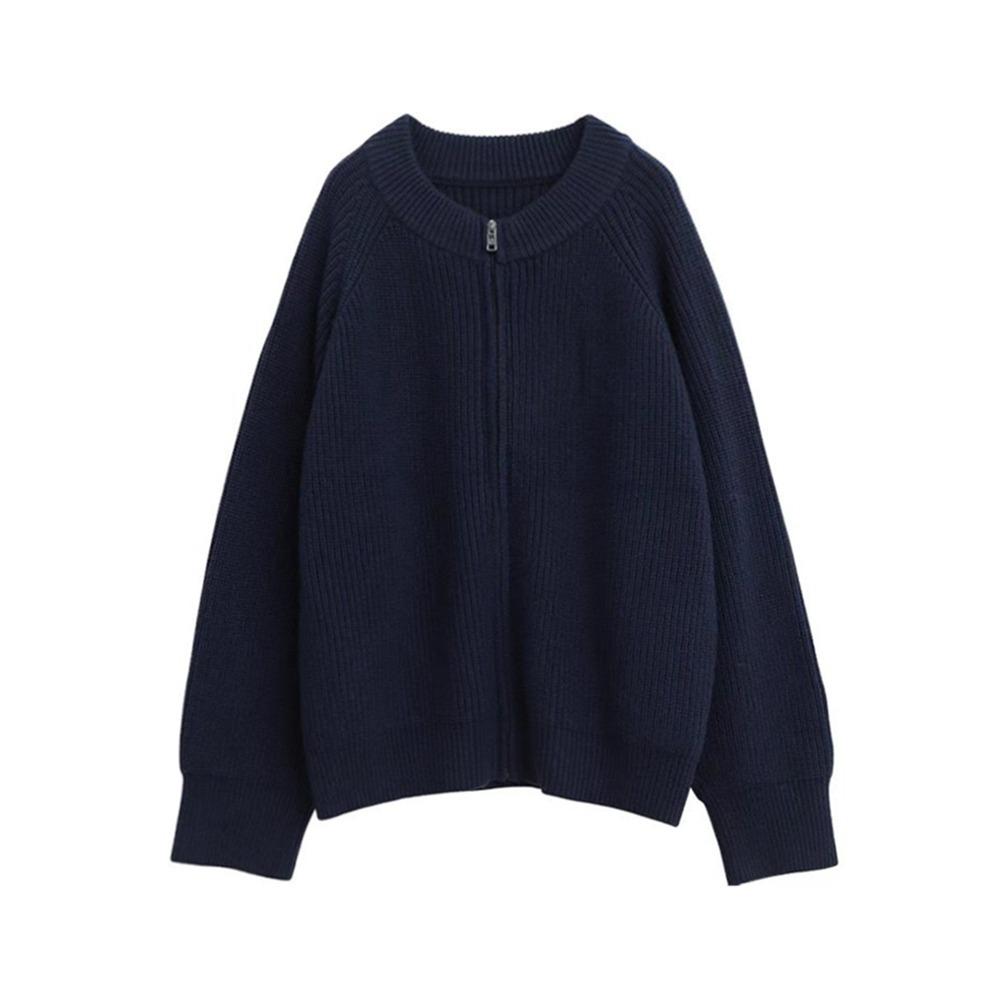 Men's Deep Blue Zip-Up Knit Cardigan: Japanese Lazy Style, Round Neck, Autumn/Winter, Loose Fit, Couple Sweater