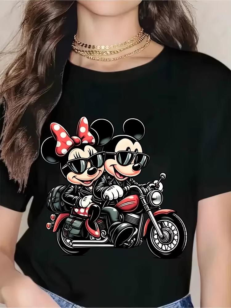 

2026 New Mickey and Minnie Ride Motorcycle Graphic Print Fashion Womens TShirt Short Sleeve Loose Plus Size Top S