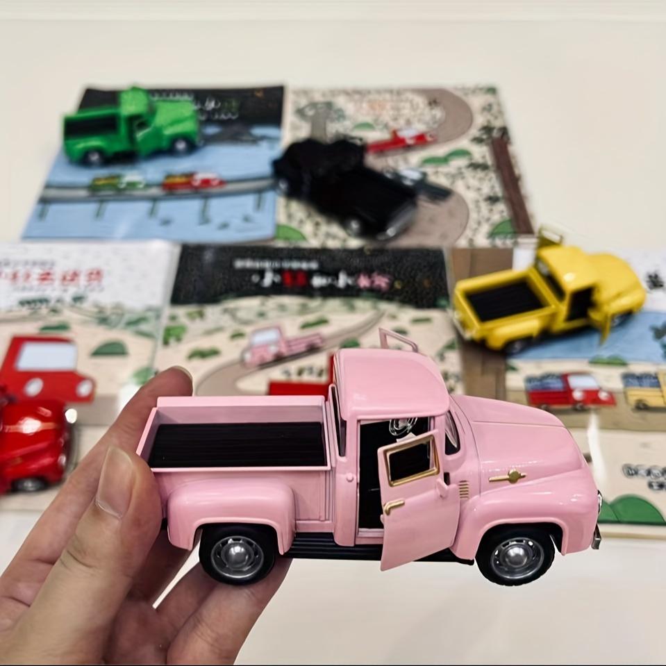 Vintage-Oldtimermodell in Pink und Rot mit Chrom-Akzenten – Retro-Pickup-Truck-Dekoration aus Metalllegierung mit zu öffnenden Türen und Motorhaube, Batterie