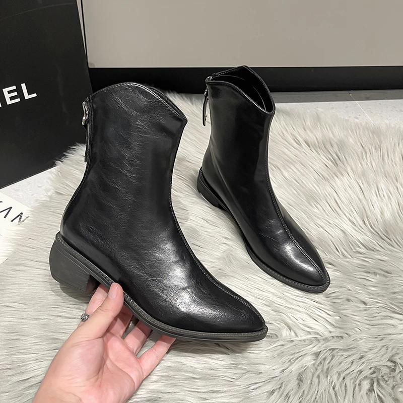 Women's Shoes Classic Pointed Toe Women's Boots Comfortable Low Heel Zipper Boots Solid Color Simple Large Size Women's Shoes