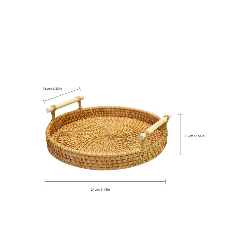 Dinner Serving Tray Breakfast Bread Food Plate Handwoven Rattan Storage Tray Round Shape Fruit Cake Wicker Basket With Handle