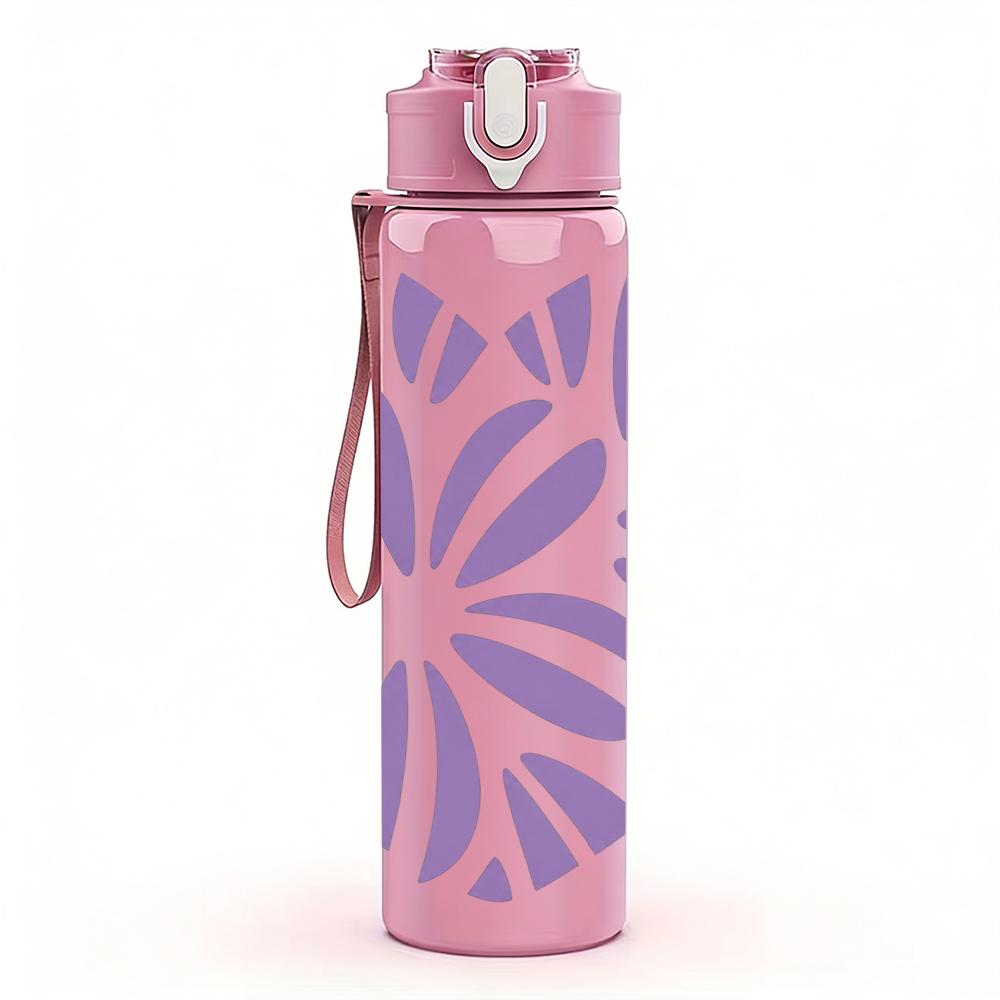 1PC Purple Floral Heart 750ml Color Plastic Sports Water Bottle Leakproof Flip Straw Lid Suitable for Sports Office Home Use