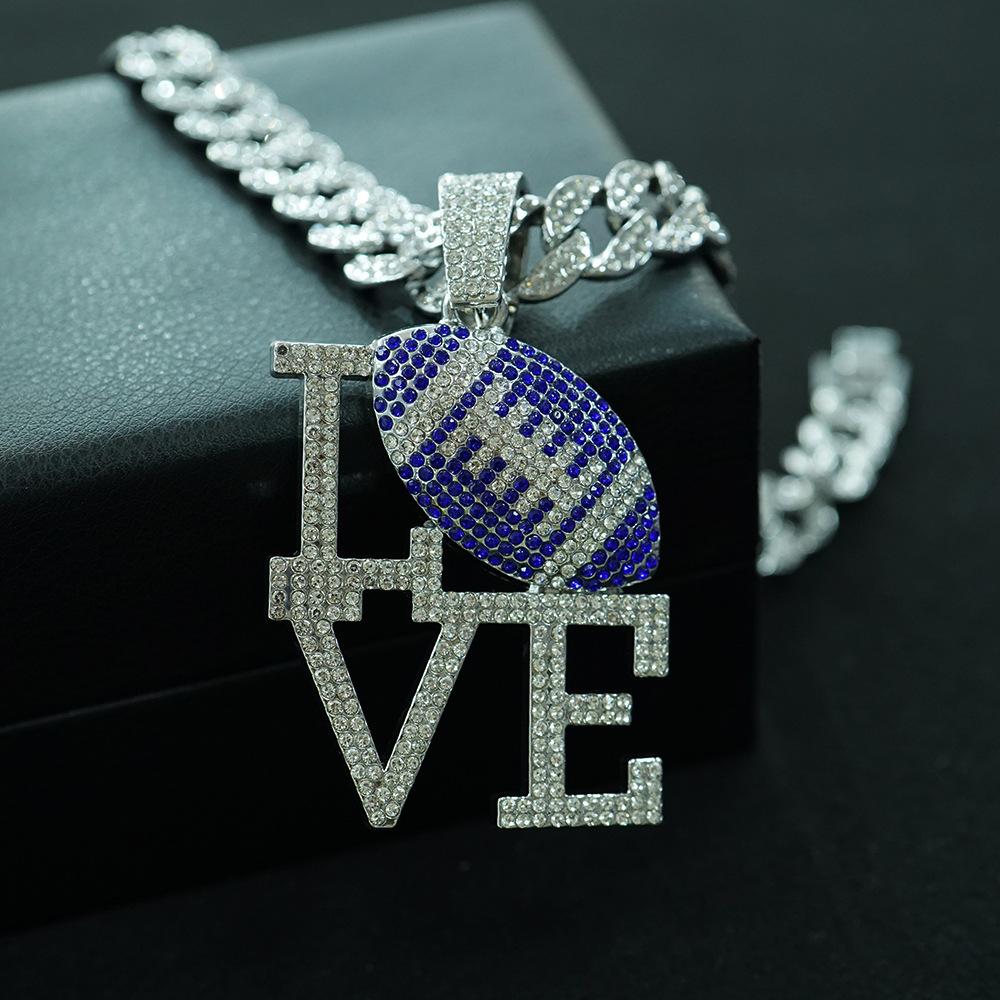 Fashionable Men's Colorful Diamond LOVE Rugby Alloy Pendant, European and American Hip-hop Men's Necklace, Personalized and Colorful