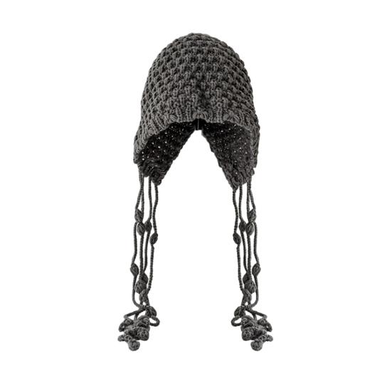 Women Crochet Slouchy Skull Cap with Tassel Handwoven Textured Knit Hat Ethnic Style Fringed Hat for Autumn Winter