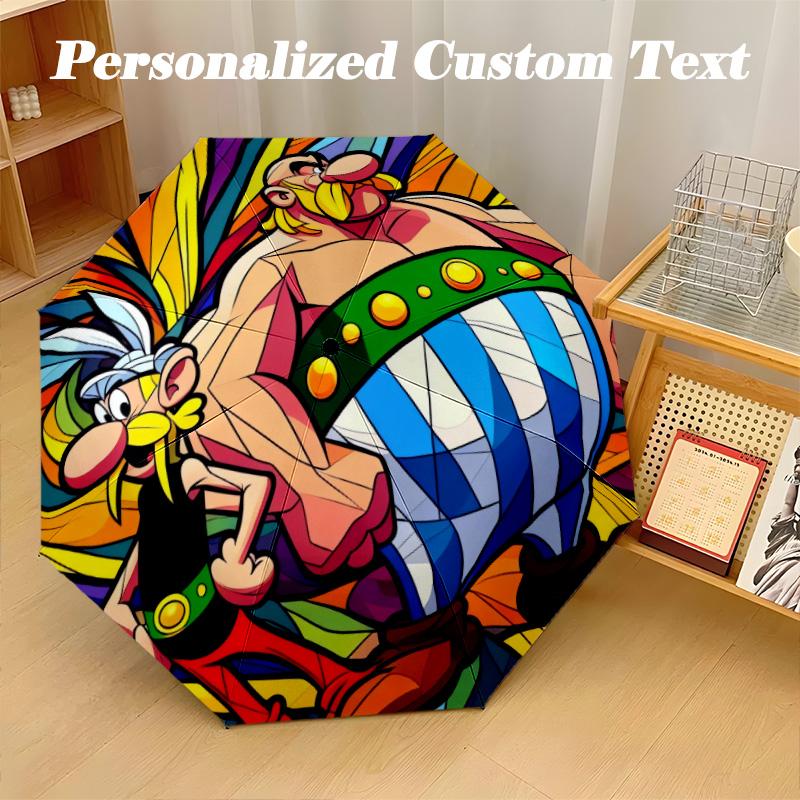 Windproof Folding Umbrella, 8‑Rib Auto Open Close Asterix & Obelix Umbrella for Rain Sun Protection