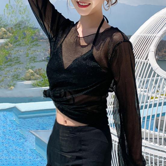 3 Pcs/Set Women Swimsuit Spaghetti Strap Halter Neck Solid Color Pullover Beach Cover-up for Holiday