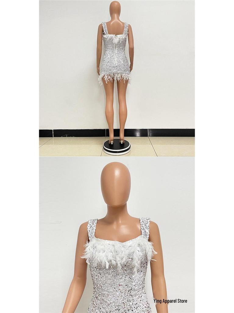 European & American Women's Summer Sequin One-Shoulder Backless Beach Dress - Hot Girl Feather Bodycon Style