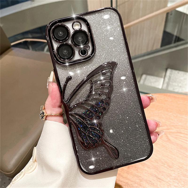 Bling Glitter Cute 3D Butterfly Flowing Quicksand Case For iPhone 16 15 11 12 13 14 Pro Max Gradient Color Soft Plating Cover