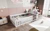 Children's bed 90 x 200 cm, with roof trim and window, with storage compartment, with safety rail and door, solid wood bed with slatted frame, white