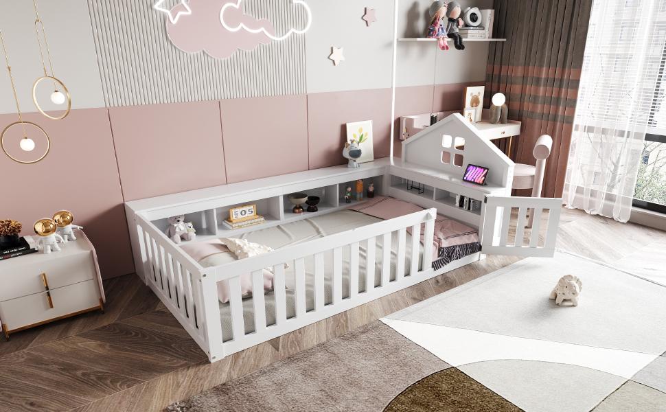 Children's bed 90 x 200 cm, with roof trim and window, with storage compartment, with safety rail and door, solid wood bed with slatted frame, white