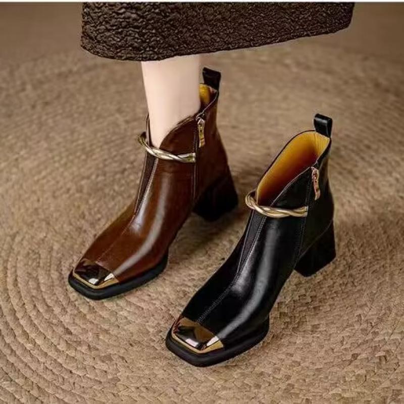 Fashion Brand Design Metal Chain Ankle Boots Women 2025 Autumn Elegant Square Toe Medium Heel Boots Side Zip Modern Metal Toe Booties