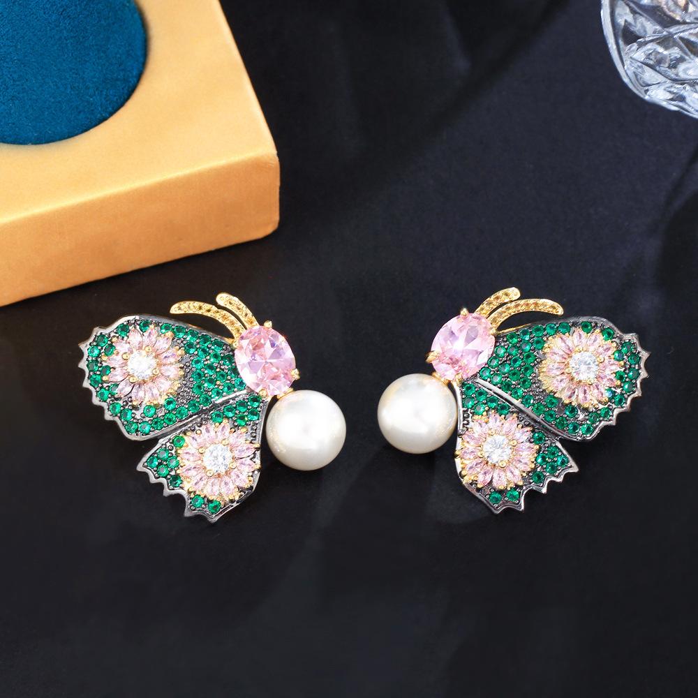 Bright Light Luxury Full Diamond Colored Butterfly Pearl Earrings Slightly Inlaid Zircon Brass Gold-Plated Earrings, Earrings.