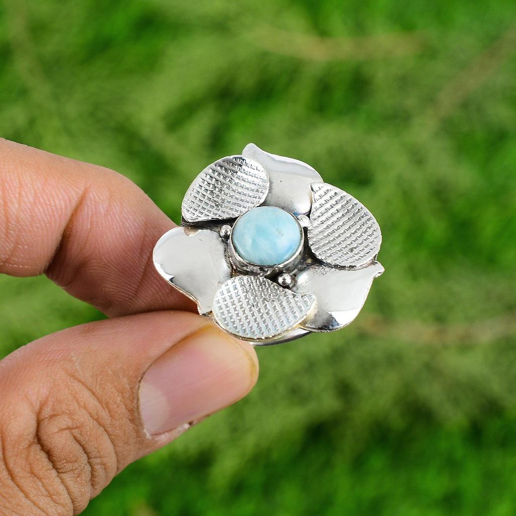Natural Larimar Gemstone Promise Flower Blue Adjustable Ring 925 Sterling Silver