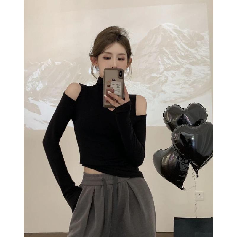 Herbst Neues Modisches Rollkragen Unterhemd Damen Langarm T-Shirt Off-Shoulder Design Top