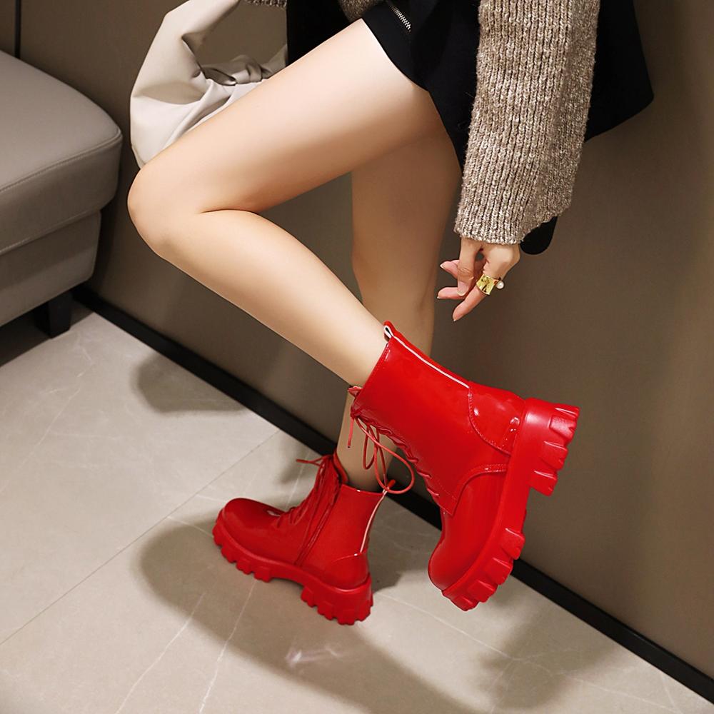 Women Boots Patent Leather Platform Shoes Ankle High Heel Boots Women Autumn Winter Warm Platform Boots