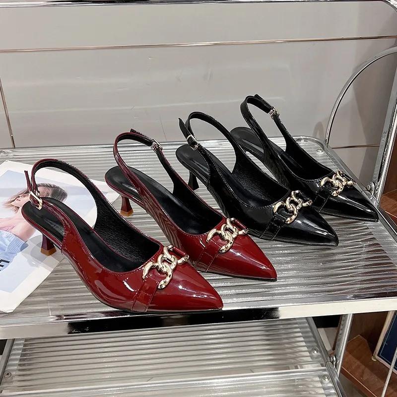 Fashion French Style Sexy Pointed Toe High Heel Sandals Women's Metal Chain Buckle Thin Heel Slip-On Shoes Summer Women Party Pumps