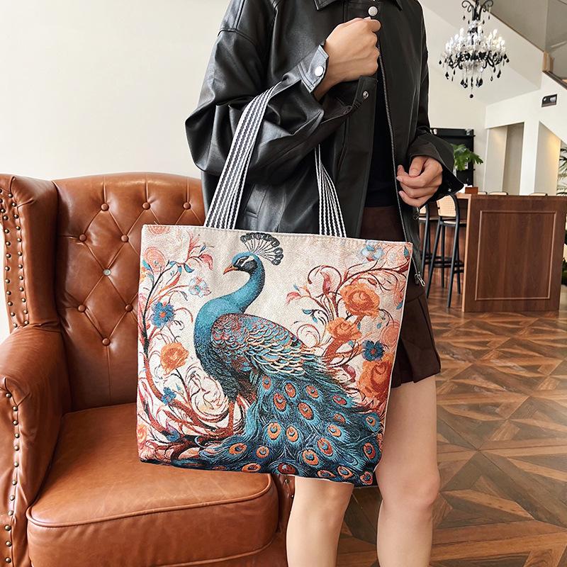 Bolsa de Ombro Feminina Bordada com Fio Dourado - Estilo Étnico, Grande Capacidade