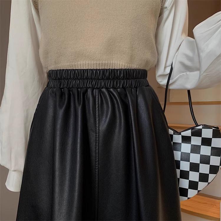 Women's Plus Size High Waist A-Line Brown PU Leather Skirt for Spring, Autumn, and Winter