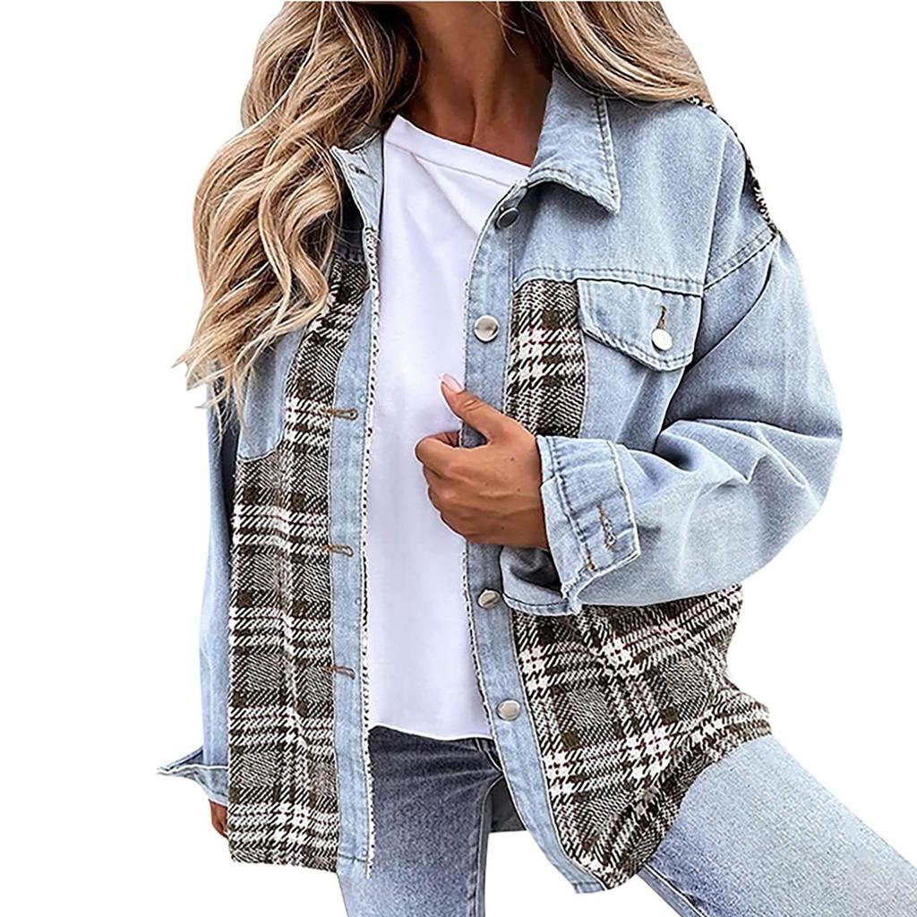 Womens Long Sleeve Denim Jacket Plus Size Basic Lapel Button Down Cropped Casual Jean Jackets Trucker Coats Jacket