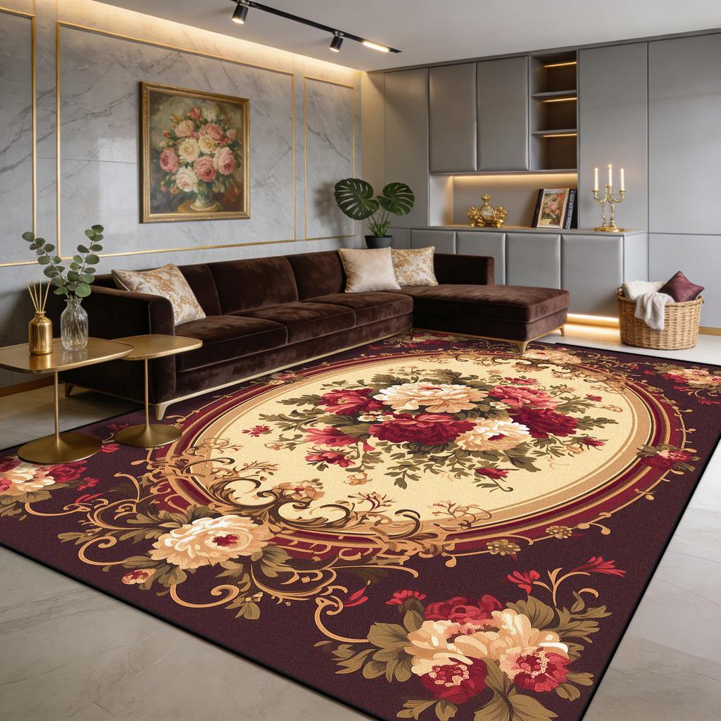 European Luxury Red Flower Fluffy Living Room Rug Easy Clean Soft Retro Tasting Area Carpet Large Area Non-slip Sofa Floor Mats
