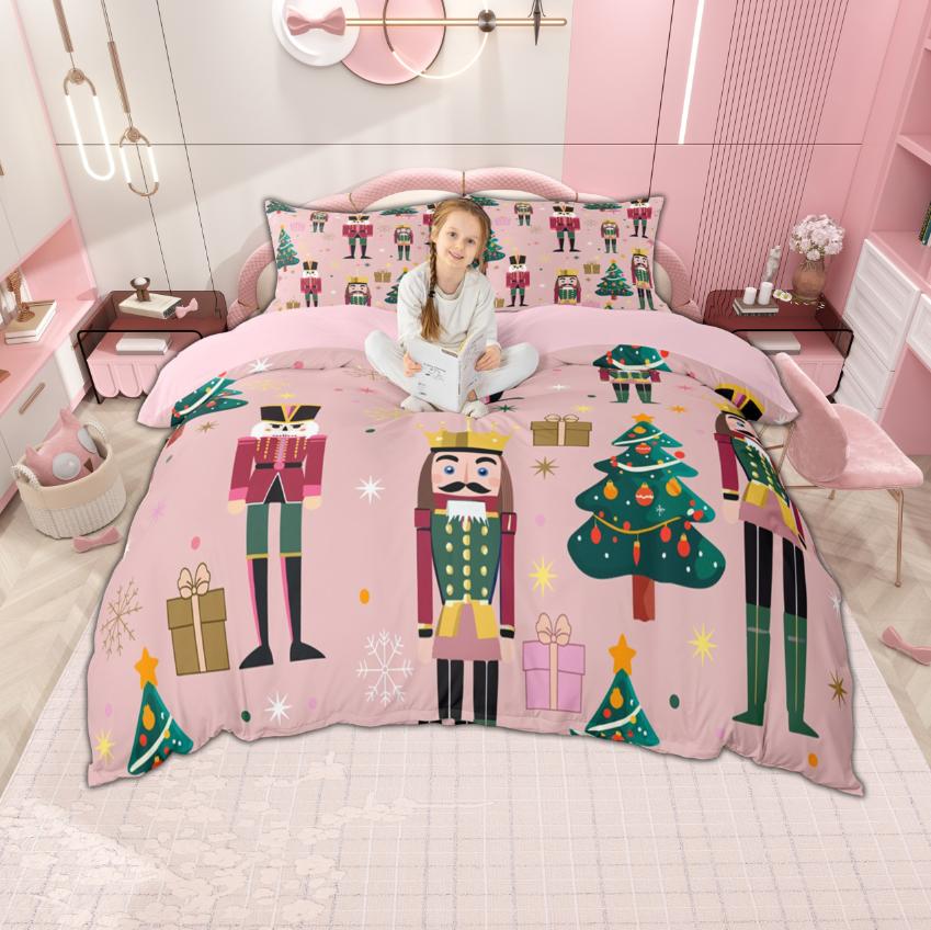 Homewish Frohes Neues Jahr Bettbezug-Set für Kinder 2-teilig/3-teilig, Fröhliche Weihnachten Xmas Bettwäsche, Nussknacker Weihnachtsmann Bettdeckenbezug