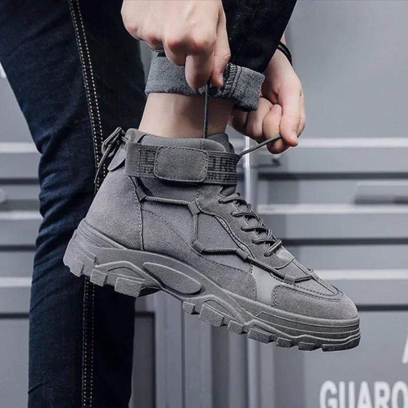 Men's High Top Boots Breathable Canvas Boots Lace Up Platform Booties Tactical Combat Boot for Men Non-slip Desert Ankle Booties