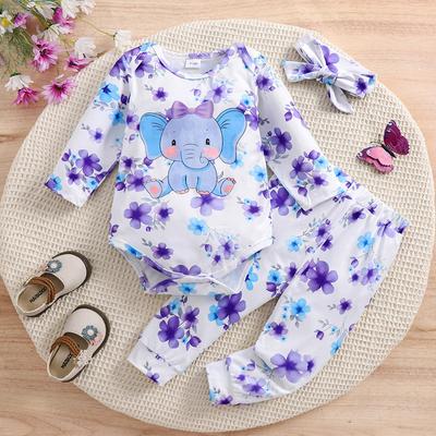 3pcs Baby Girl Cute Elephant Floral Print Long Sleeve Onesie & Pants With Headband Outfit Set