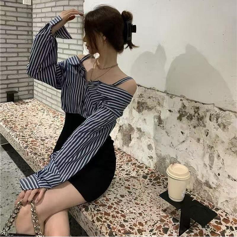 Fake two-piece splicing one-word shoulder suspender long-sleeved dress women's autumn new short skirt striped shirt skirt