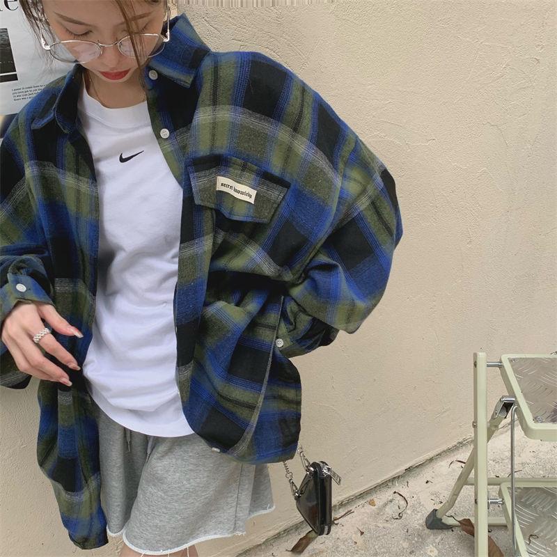 Women's Plaid Jacket Shirt – Retro Hong Kong Style, Chic Blouse for Spring/Autumn 2025