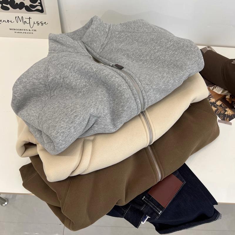 Women's Lambswool Fleece-Lined Stand Collar Zip-Up Cardigan – Thick, Versatile, Loose-Fit Winter Outerwear