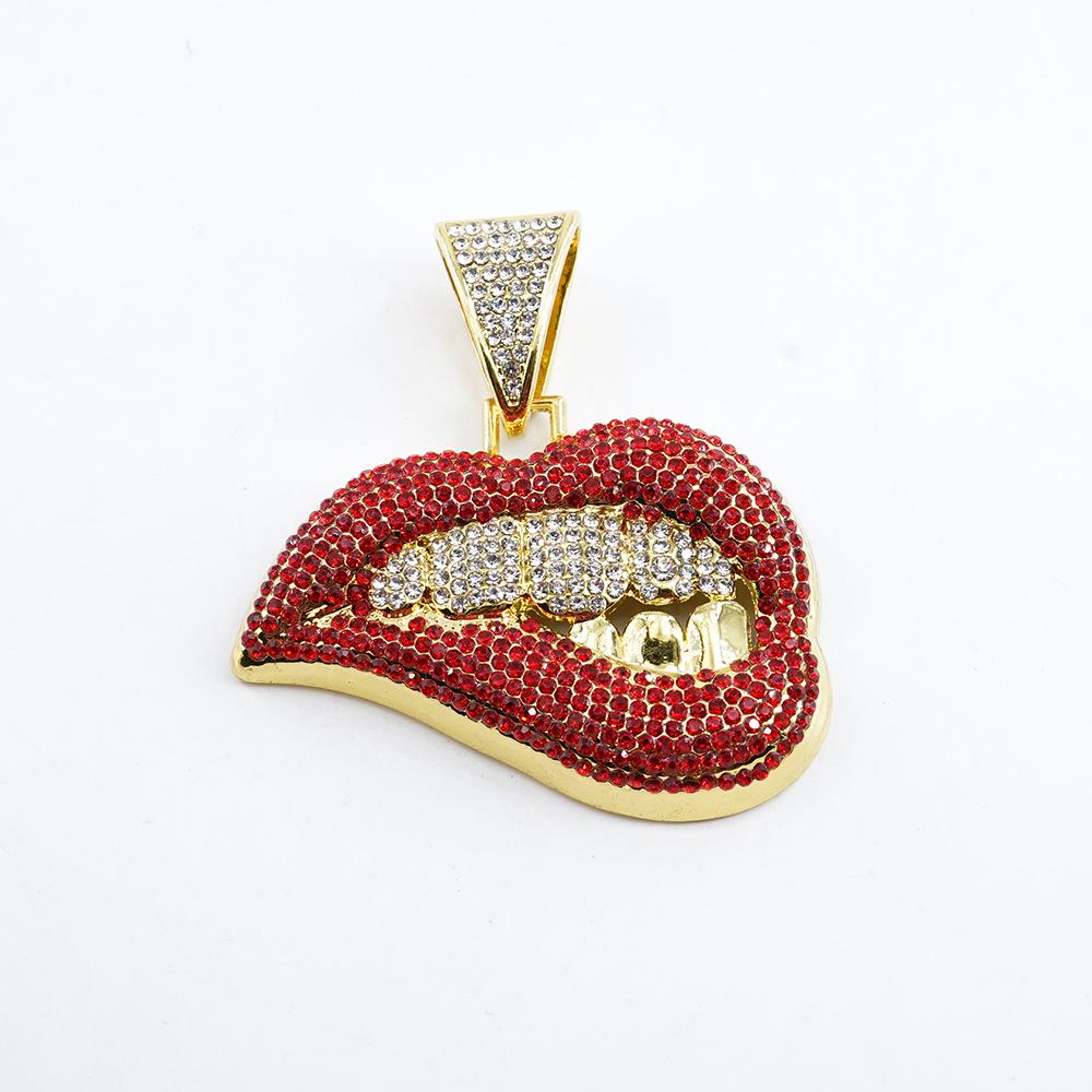 Colorful Diamond Lip Bite Pendant Hip Hop Cuban Chain Necklace