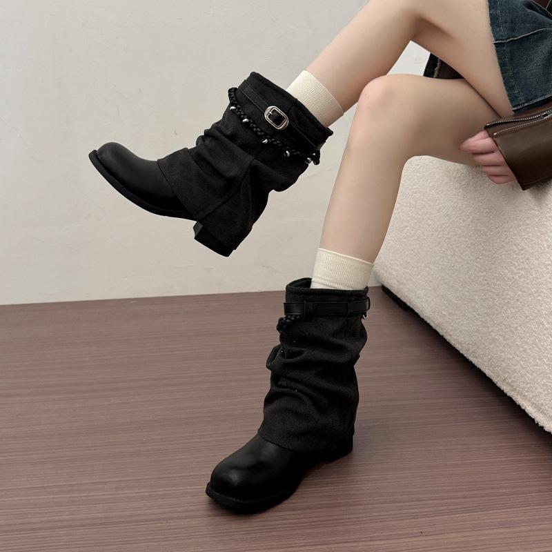 Autumn and winter knight boots handsome versatile retro style belt buckle medium and short boots and new locomotive boots pile boots women