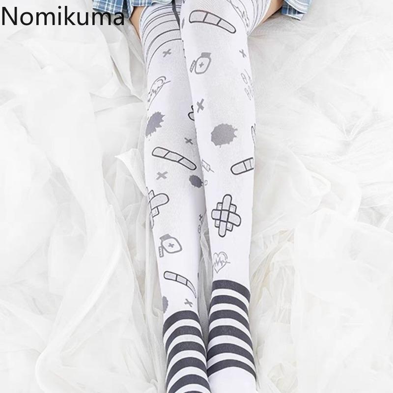 Gothic Japanischer Cartoon-Print Lange Socken Mode Kawaii Niedlich Weiß Dünn Studentensocke Weites Bein Stretch Cool Wadenlang Strumpfwaren)
