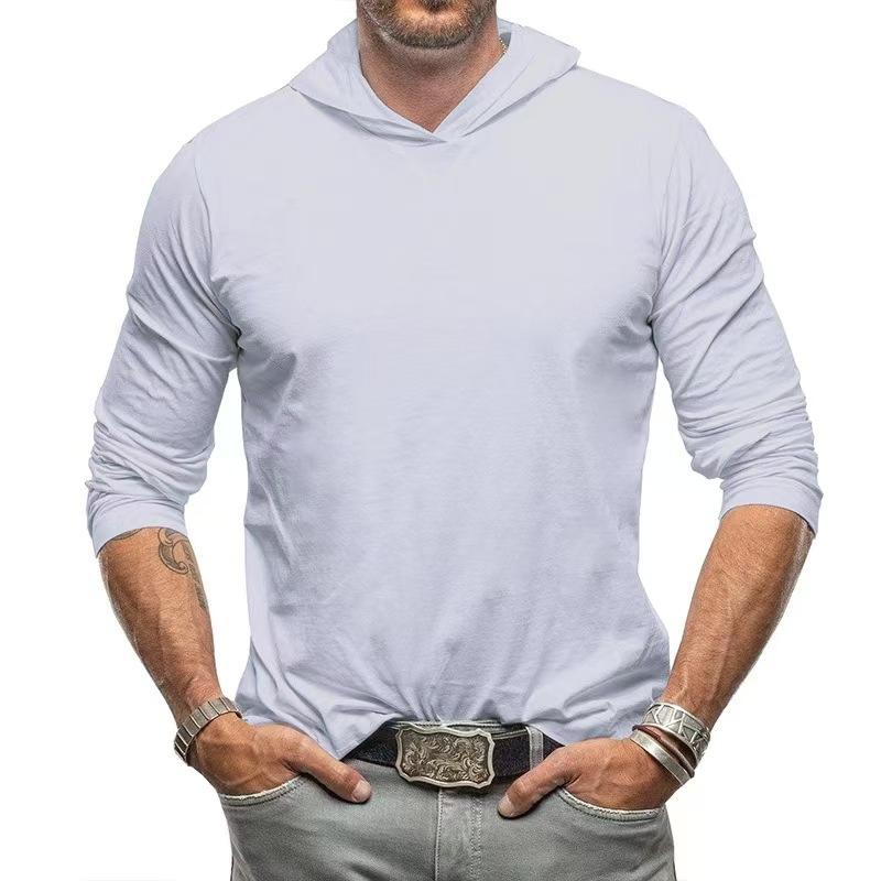 Spring Autumn Loose Casual Solid Color Hooded Tee Male Long Sleeve Pullover Cotton Top Men All-match Tee