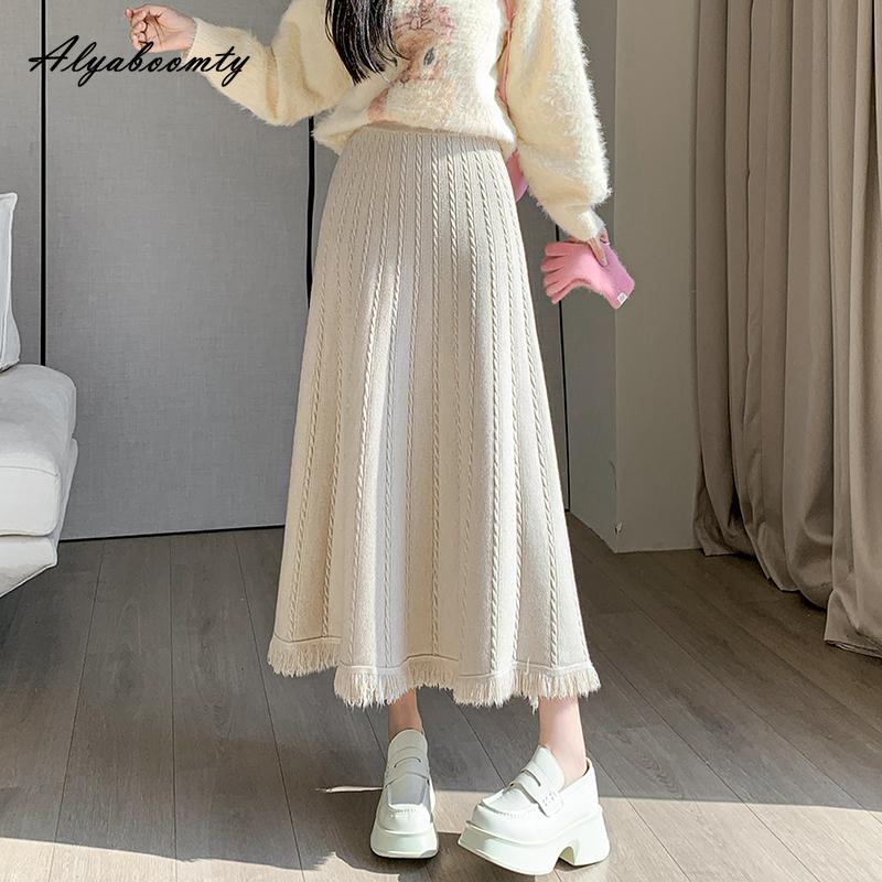 

Корейская мода, осенне-зимняя женская юбка-миди с высокой талией, серая, черная, абрикосовая, кофейная, толстая теплая юбка, элегантная женская юбка с кисточками, женские юбки One Size