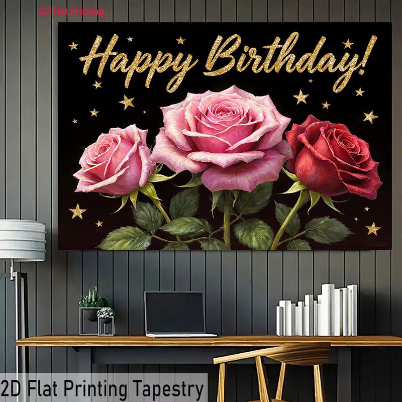 2D Pink Red Rose Happy Birthday Backdrop Black Gold Star Party Background