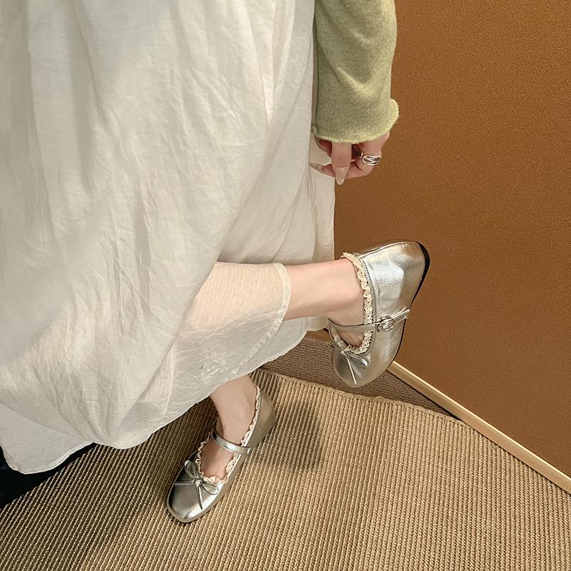 French Lace Bow Mary Jane Shoes Women's 2025 Summer New Silver Single Shoes Inner Height Increase Evening Small Leather Shoes