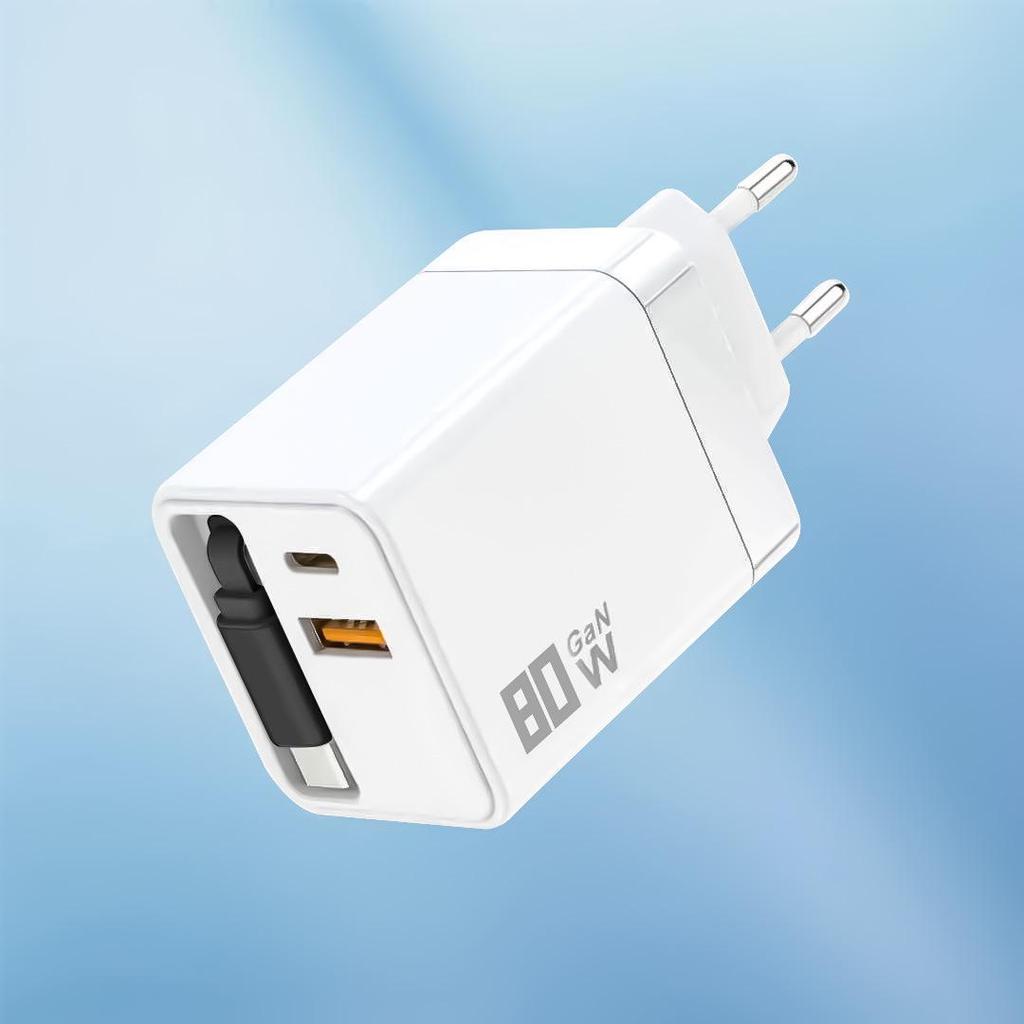80W GaN Dual Port Retractable Fast Charger for Apple, Android, Huawei - USB A+C