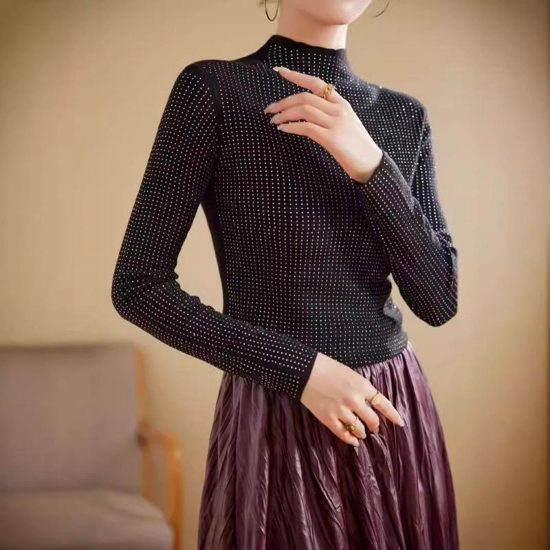 Hot diamond semi-turtleneck silk wool sweater women's autumn slim-fitting and thin knitted bottoming sweater women's sweater