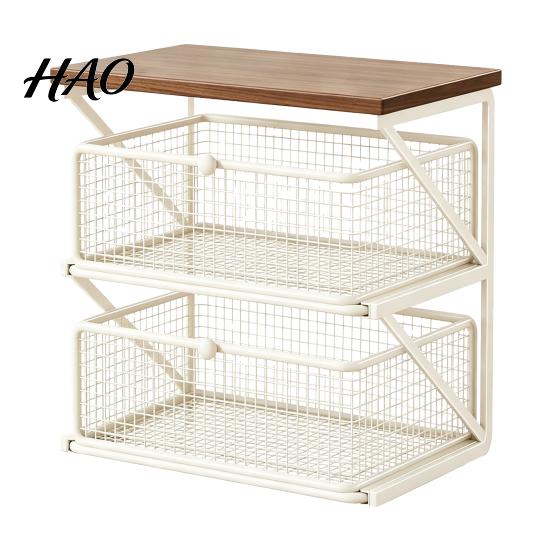 Multi Tier Storage Shelf Coffee Station Organizer with Drawer, Tiered Bar Organizer, Wooden Top Shelf, Capsule Wire Mesh Drawers for Tea Bags,
