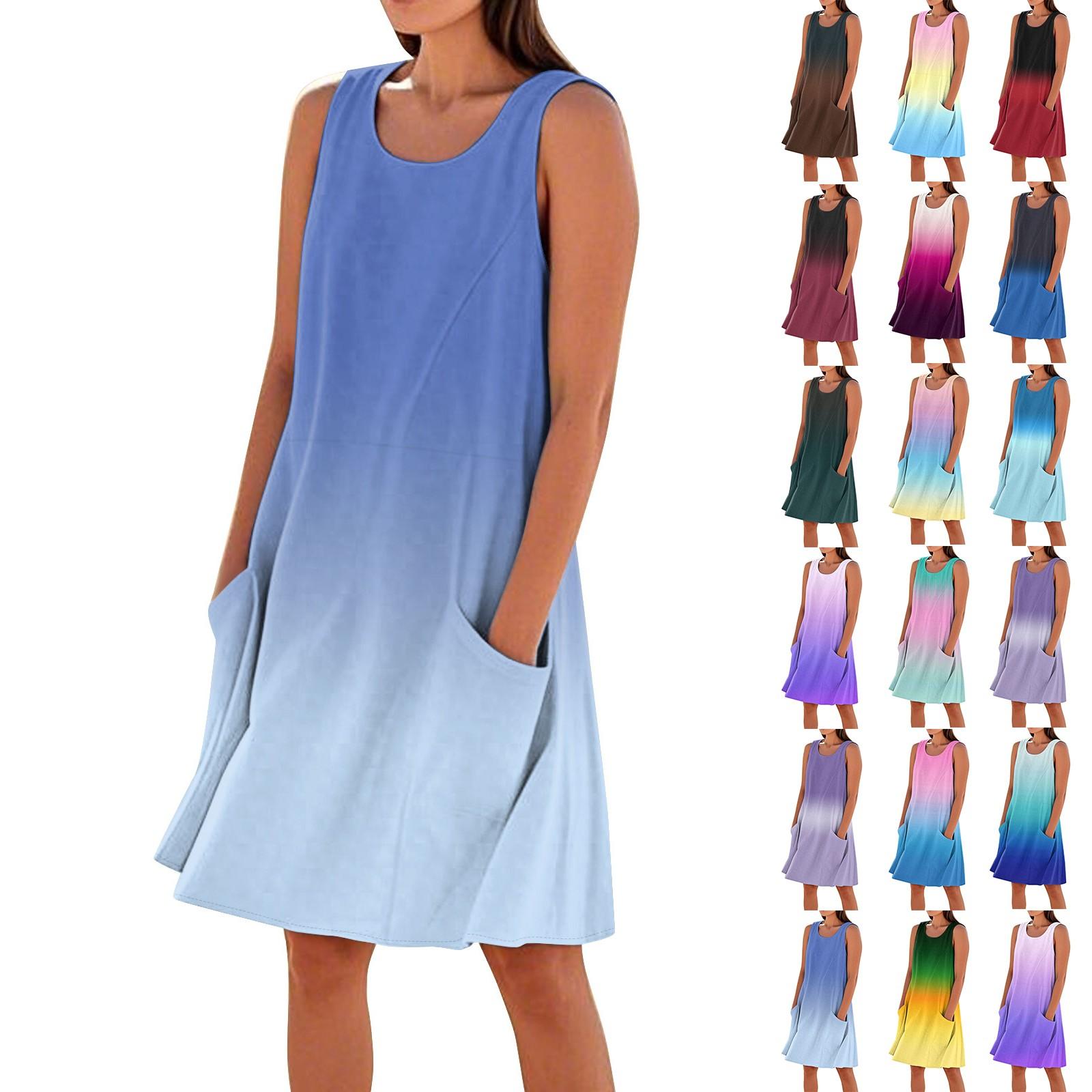 

Women s Fashion Casual Gradient Print Sleeveless Pocket Beach Dress L ціан