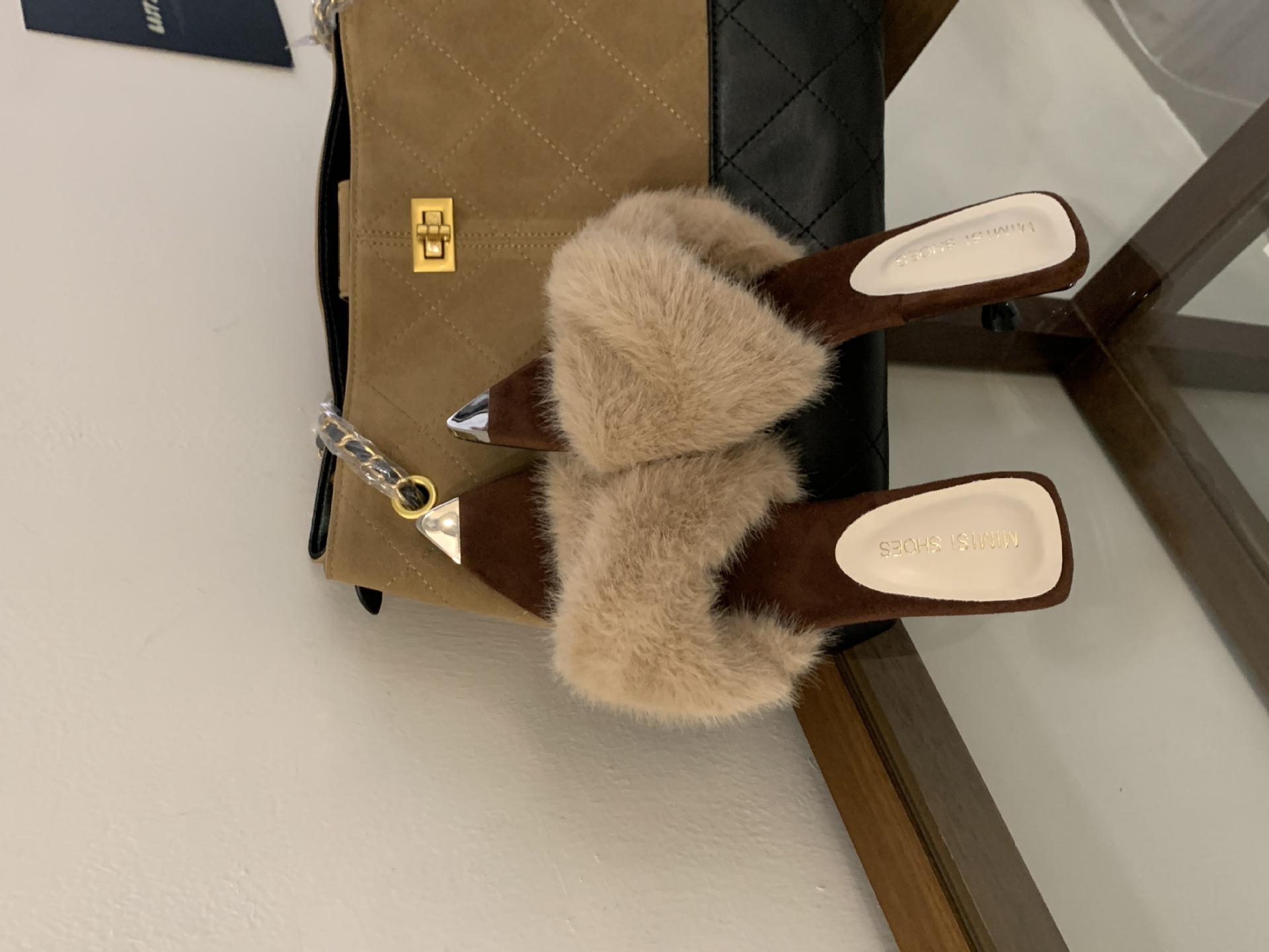 

2025 autumn and winter new European and American pointed thin heel metal pointed mink hair cross slippers 35