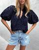 Women's V-Neck Lace Embroidery Lantern Sleeve Summer Top