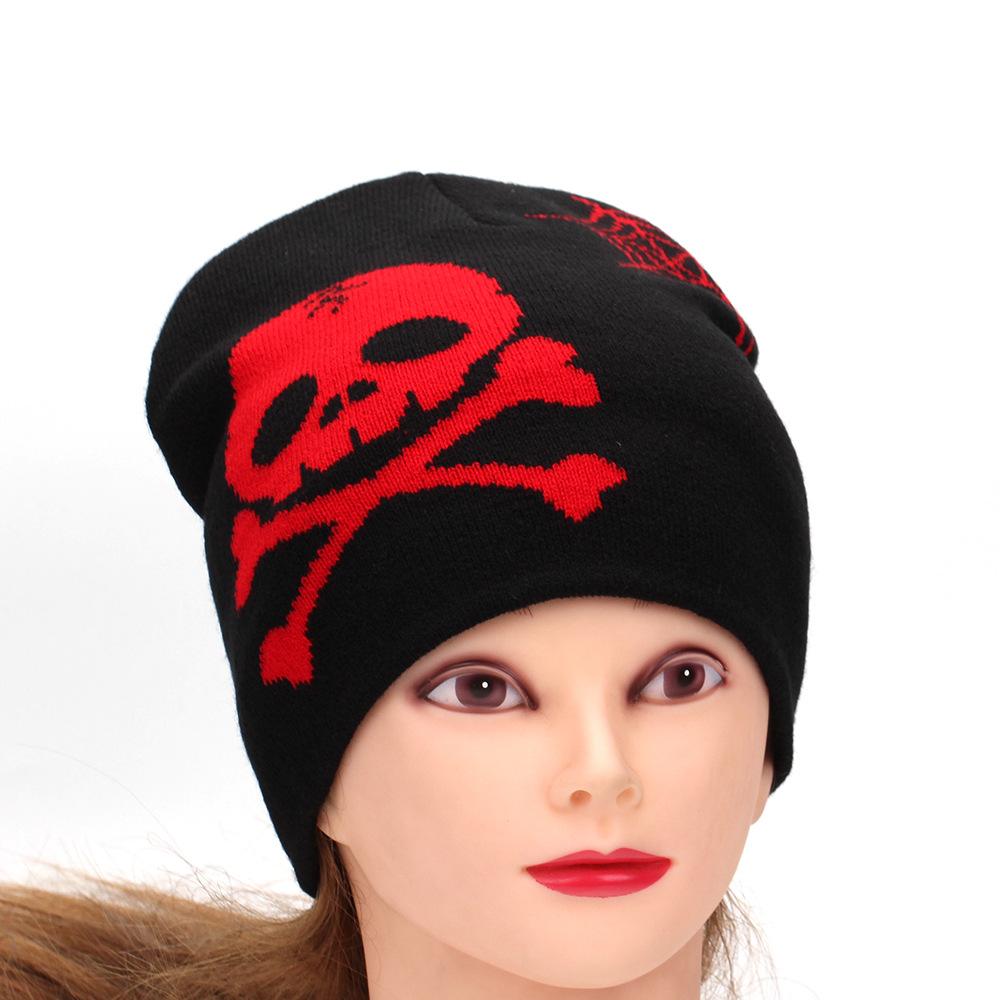 European, American Autumn and Winter Skull Embroidered Wool Hat Men's and Women's Adult Knitted Hat Windproof Pullover Hat