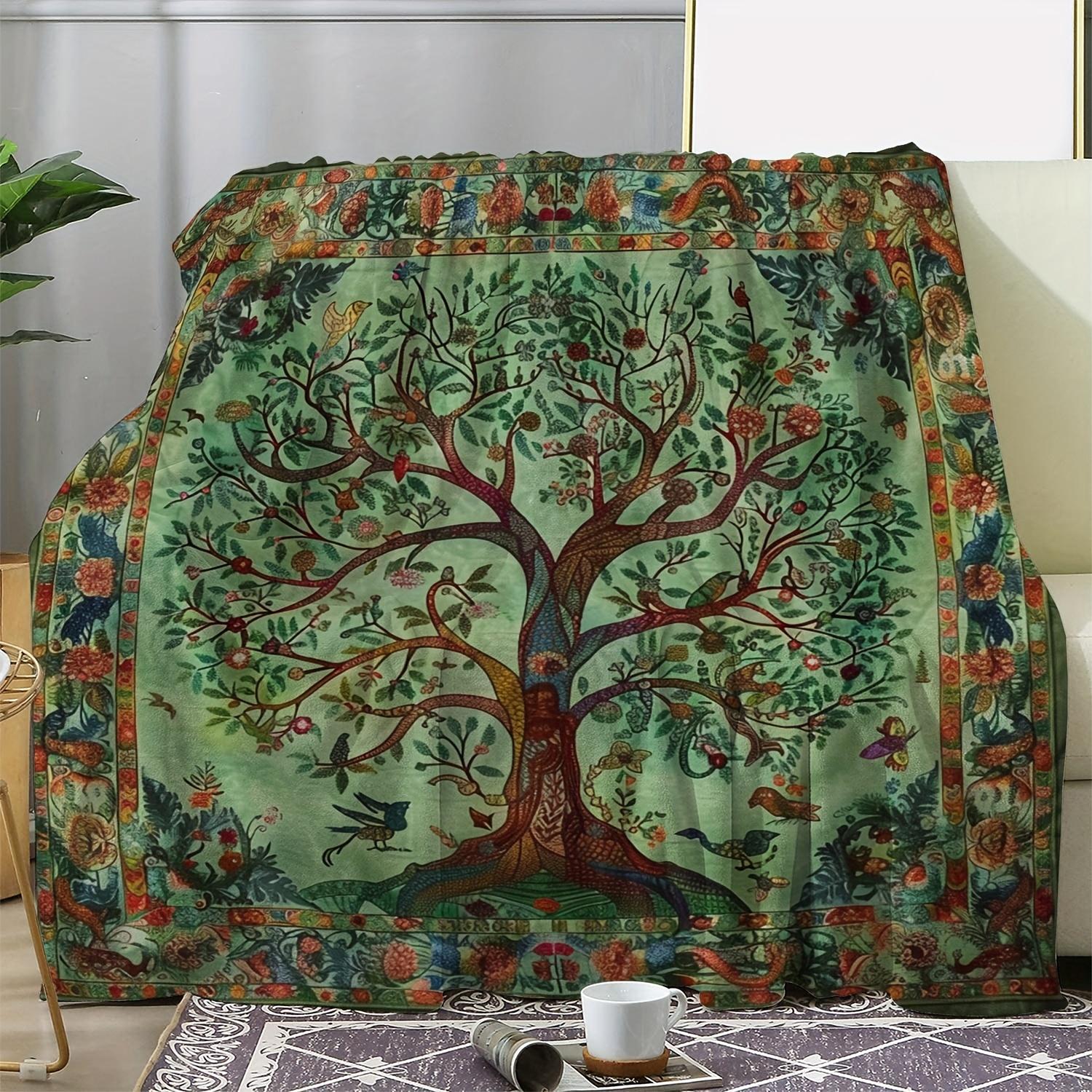 [Cozy Tree Blanket] Cozy & Soft 1 Vintage-Style Tree of Life Flannel Blanket | Multicolor Throw with Vibrant Floral & Bird Desig 75X95CM
