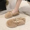 Fairy Wind Fluffy Shoes, Female Outer Wear Pearl Velvet Beanie Shoes, Bow One Pedal Versatile Flat Cotton Shoes