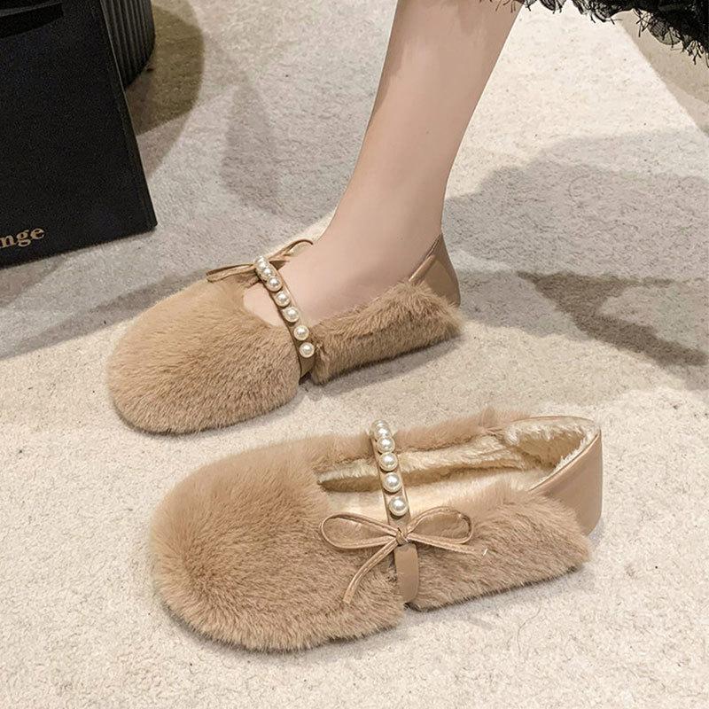Fairy Wind Fluffy Shoes, Female Outer Wear Pearl Velvet Beanie Shoes, Bow One Pedal Versatile Flat Cotton Shoes