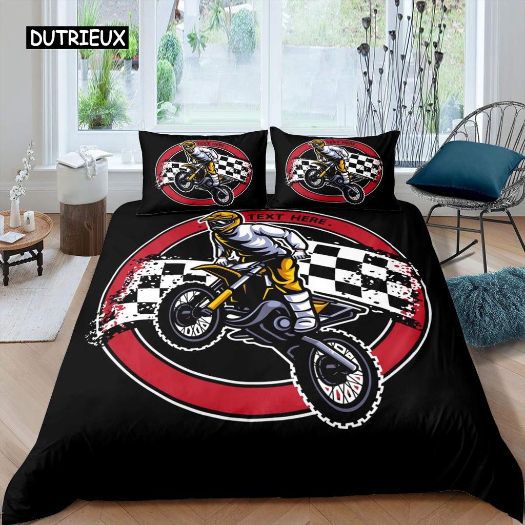 3D Motocross Rider Duvet Cover Set Microfiber Red Black Dirt Bike Extreme Sports Theme Motorcycle Pattern Bedding Set King Size